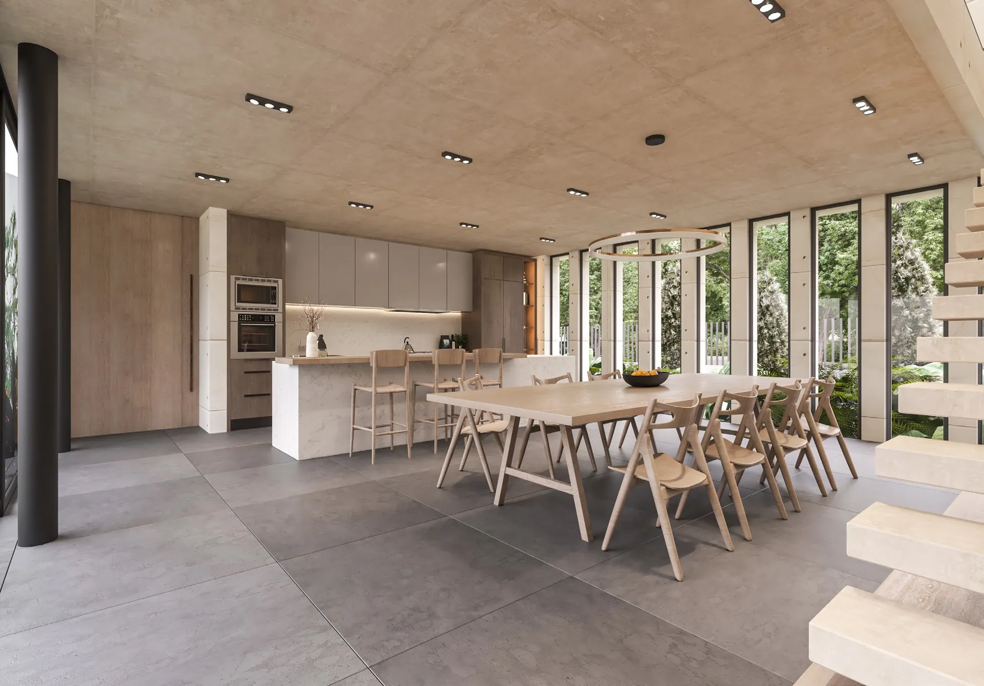 Casa PM · Interior comedor cocina escalera
